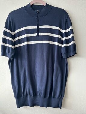 Brunello Cucinelli Navy Short-Sleeve Zip Mock Neck Sweater with White Stripes